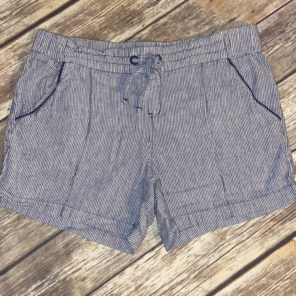 Blue & White Striped Linen Blend Drawstring Shorts Casual Summer Pull-On Shorts